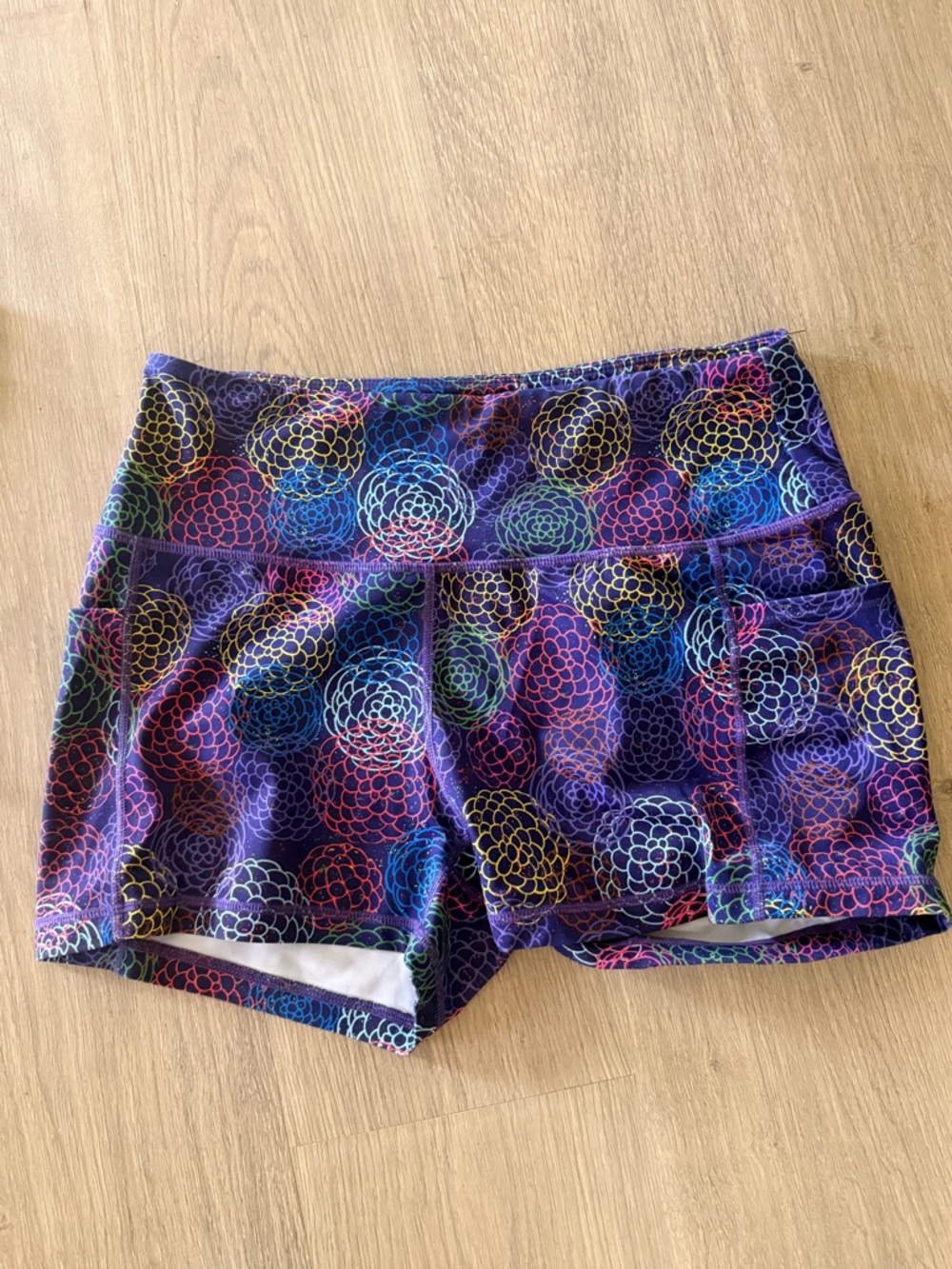 Amazon Essentials Women's Purple Multicolor Floral-Pattern Bike Shorts